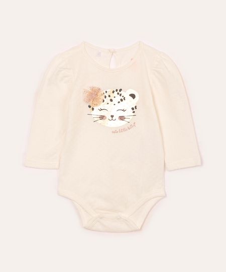 body de algodão infantil onça e flor off white 3-6