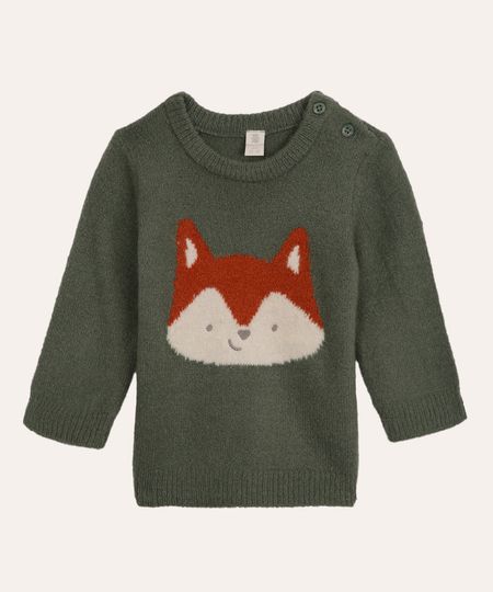 suéter de tricot infantil manga longa raposa verde 6-9