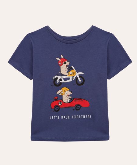camiseta de algodão infantil cachorros com motos azul 2