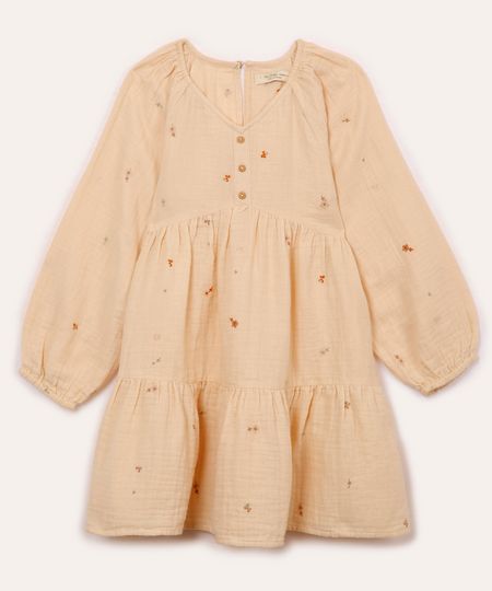 vestido de algodão infantil bordado floral bege 8