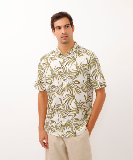 camisa comfort com linho folhagem off white M camisa comfort com linho folhagem off white M