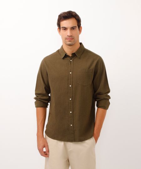 camisa comfort com linho manga longa verde M camisa comfort com linho manga longa verde M