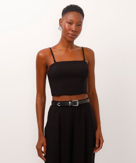 blusa cropped de viscose alça fina preta M