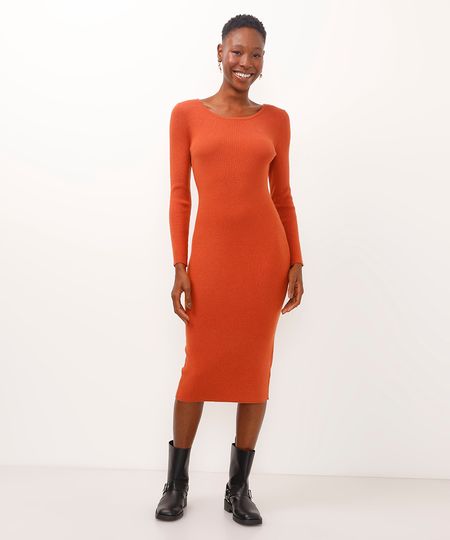 vestido midi de tricot manga longa canelada laranja M