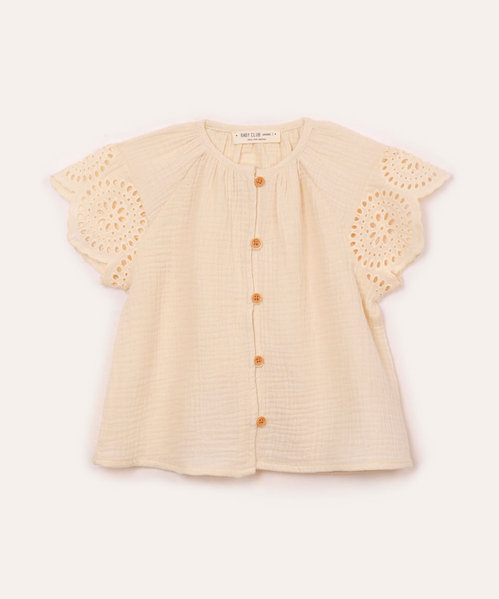 blusa de algodão infantil com laise bege