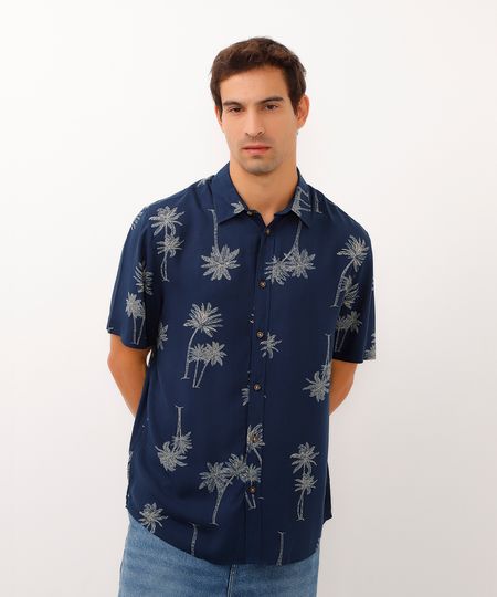 camisa de viscose manga curta coqueiros azul marinho G