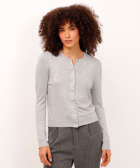 cardigan de tricot decote redondo cinza M