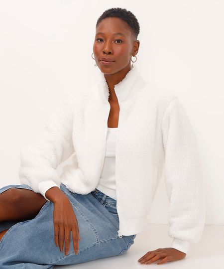 jaqueta de pelúcia gola alta com bolso off white PP jaqueta de pelúcia gola alta com bolso off white PP