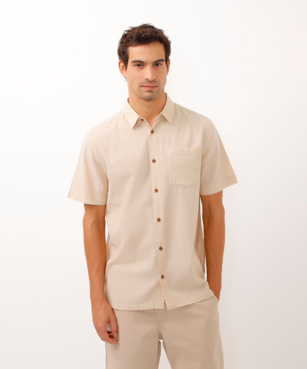 camisa de algodão manga curta com bolso bege