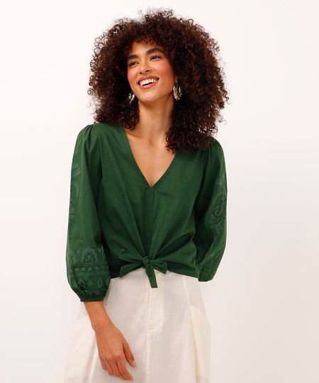 blusa bata de algodão manga bufante com arabesco verde M blusa bata de algodão manga bufante com arabesco verde M