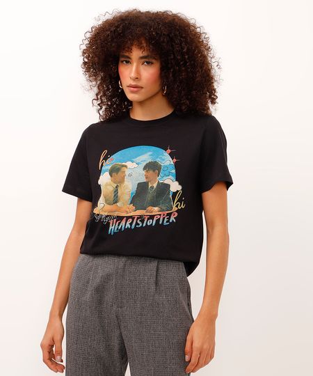 camiseta de algodão manga curta heartstopper preta P camiseta de algodão manga curta heartstopper preta P