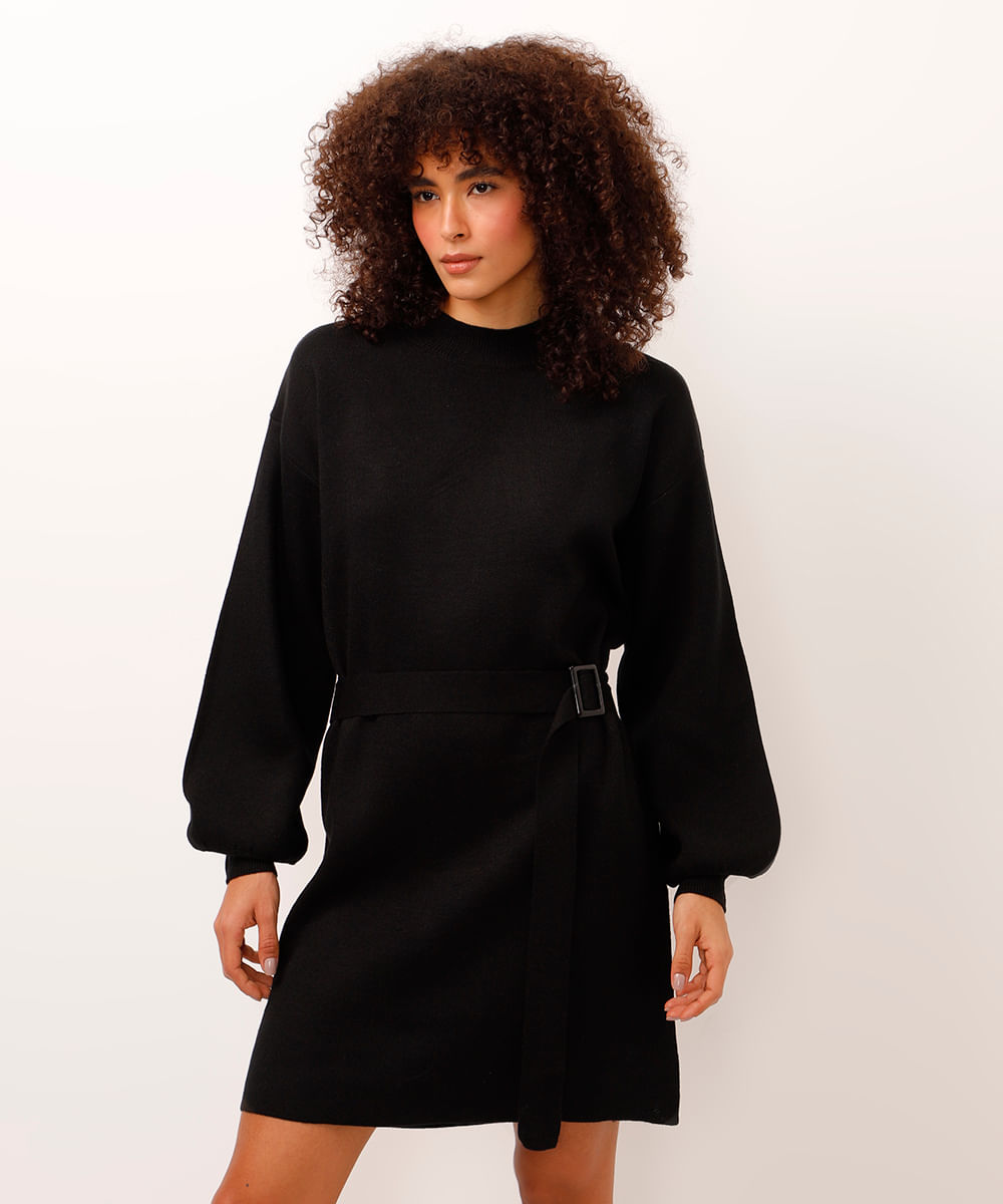 vestido de tricot manga bufante com faixa preto
