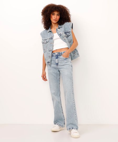 calça bootcut jeans cintura alta azul 34