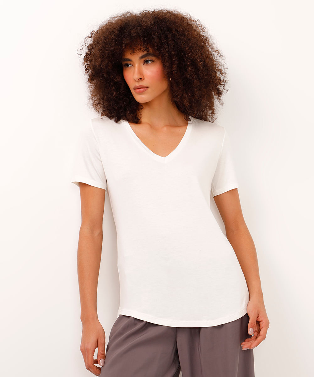 camiseta de viscose decote v alongada off white