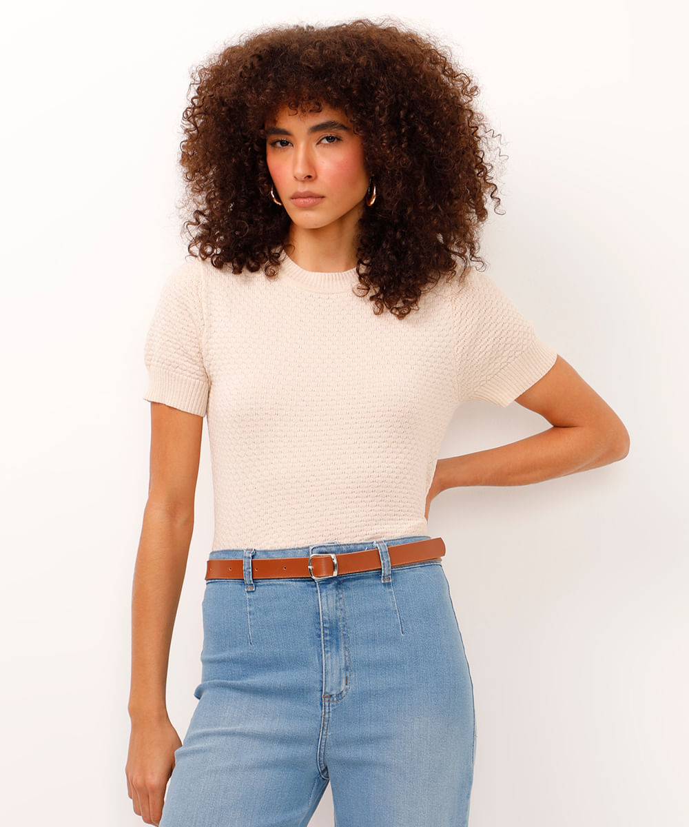 blusa de tricot manga curta texturizada bege