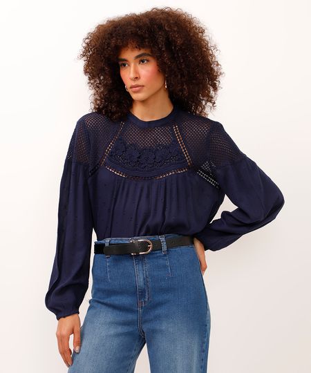 blusa bata manga bufante com crochê azul marinho PP