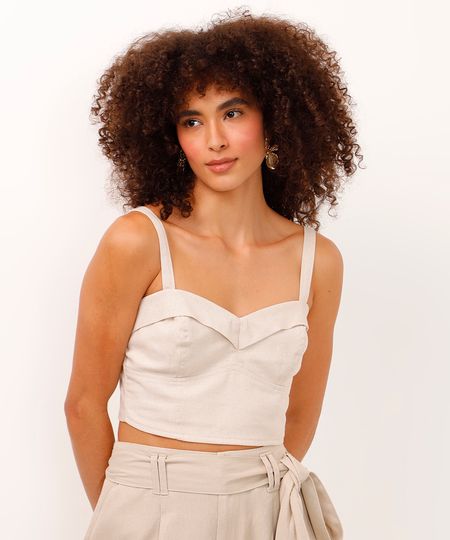 blusa cropped com linho decote coração bege M