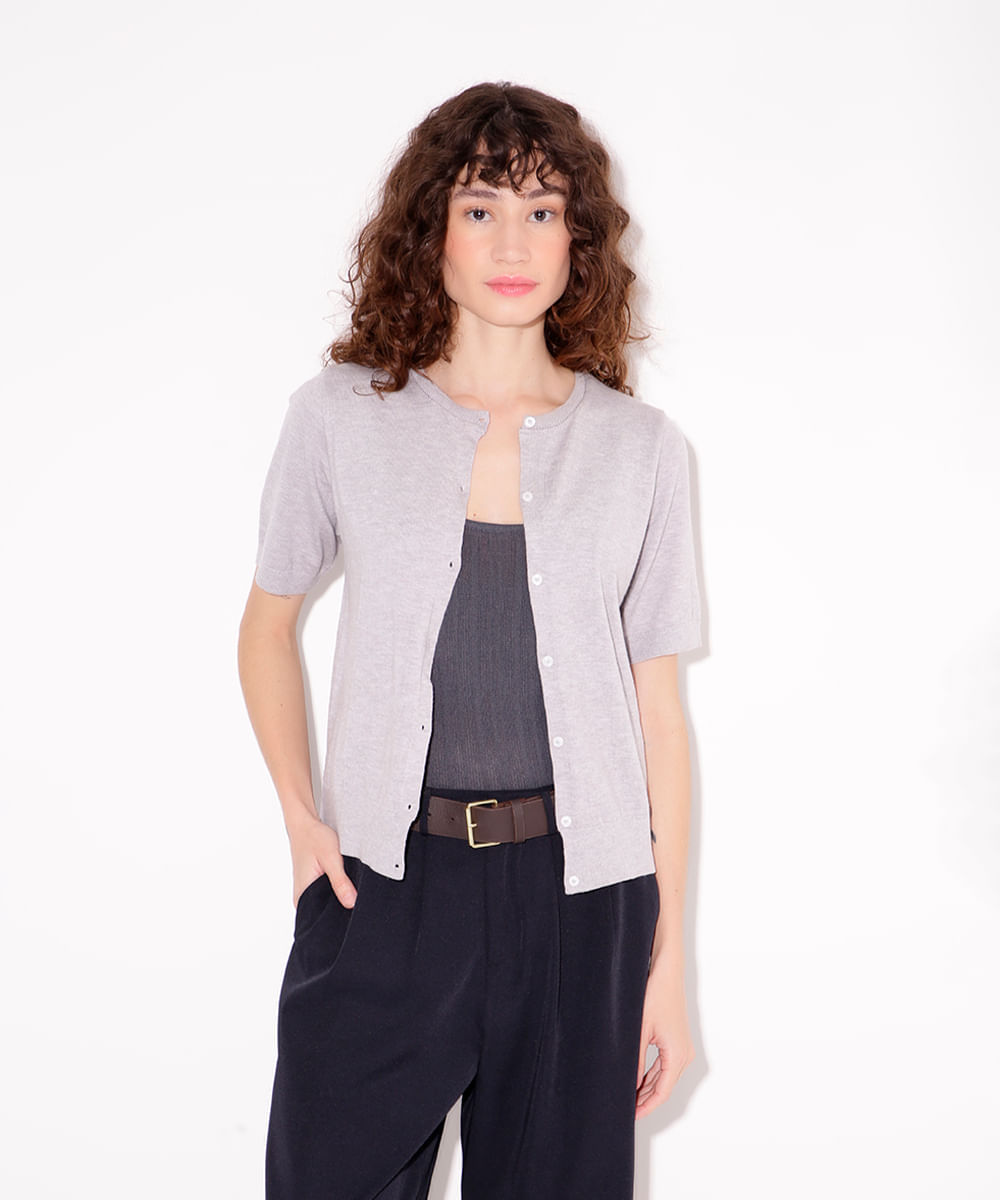 cardigan de tricot manga curta mindset cinza