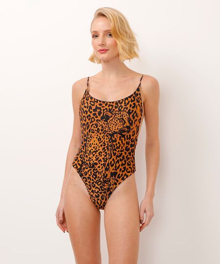 maiô regata com alça fina animal print marrom P