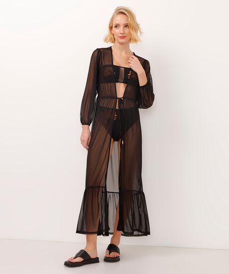 kaftan saída de praia longo de tule preto P