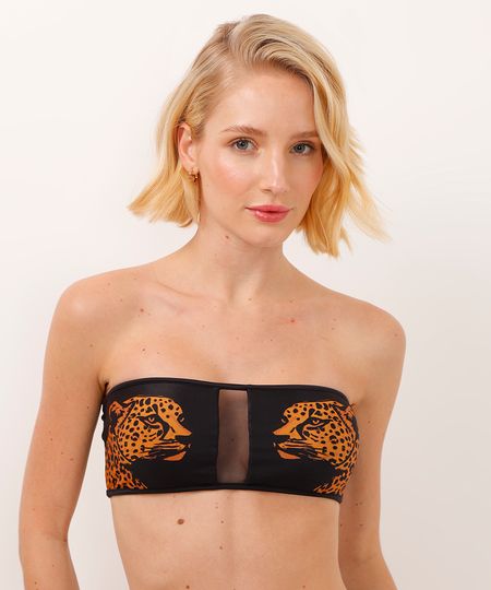 biquíni top sem alça com tule animal print proteção uv preto P