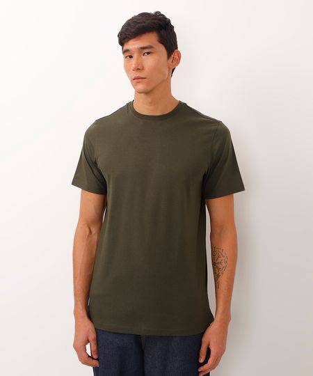 camiseta alongada de algodão básica - verde militar P camiseta alongada de algodão básica - verde militar P