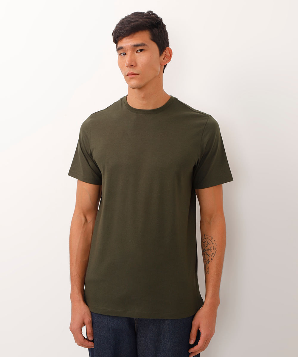 camiseta alongada de algodão básica - verde militar