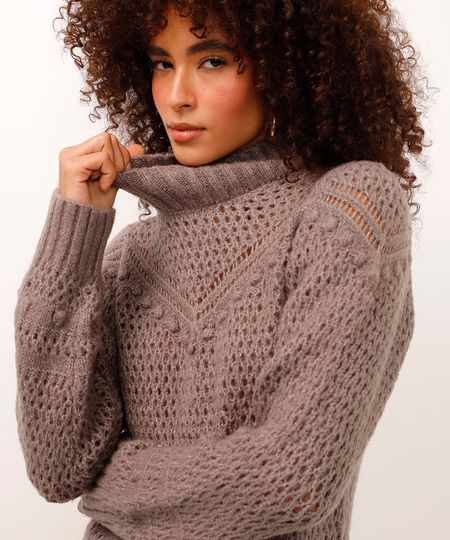 suéter de tricot gola alta cinza PP