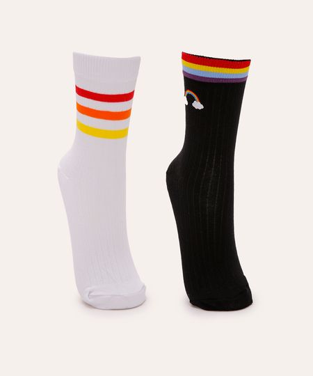 kit 2 pares de meias cano alto arco íris colorido 34-39 kit 2 pares de meias cano alto arco íris colorido 34-39