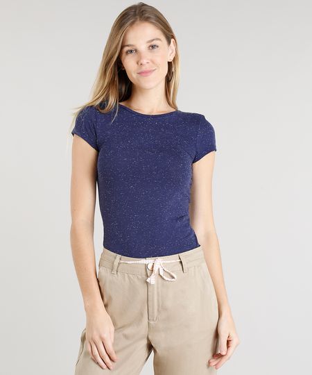 Blusa Feminina Básica Botonê Manga Curta Decote Redondo Azul Marinho Menor preço em Blusa Feminina Básica Botonê Manga Curta Decote Redondo Azul Marinho