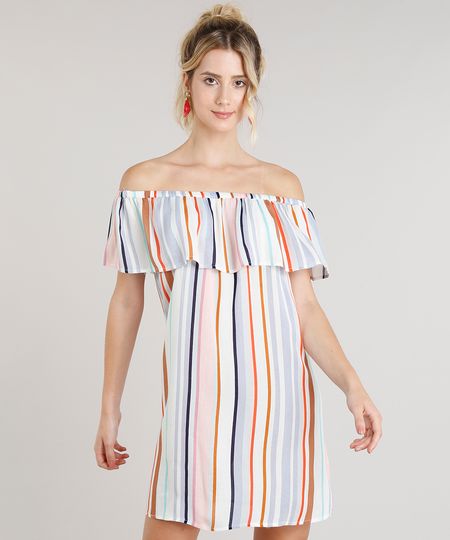 Vestido Feminino Curto Ciganinha Listrado Off White Menor preço em Vestido Feminino Curto Ciganinha Listrado Off White