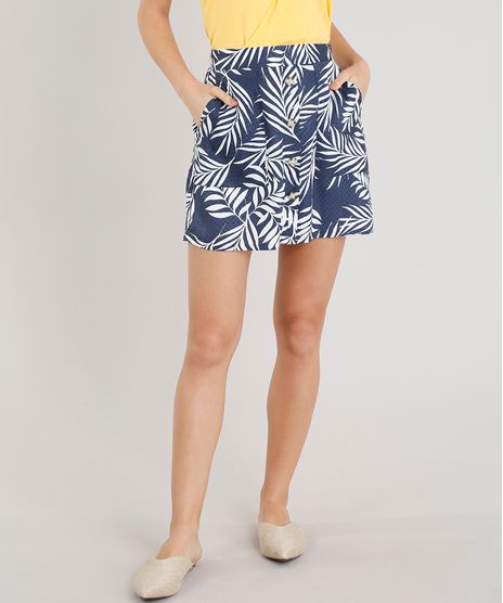 Saia-Feminina-Curta-Evase-Estampada-de-Folhagens-com-Botao-Azul-Marinho-9373841-Azul_Marinho_1