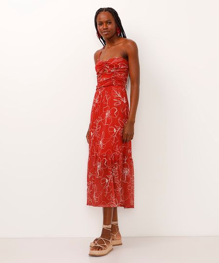 vestido midi de tule ombro único floral laranja P