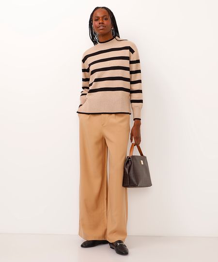 calça wide leg cintura alta com elástico e bolsos bege 38
