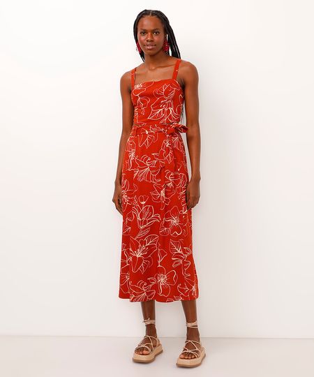 saia midi de viscose floral cintura alta com faixa laranja escuro 36
