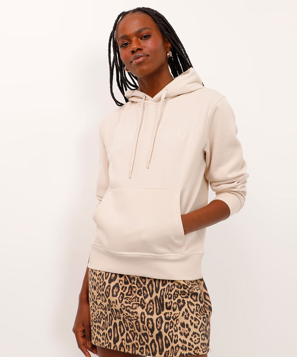 blusão de moletom amour com capuz bege