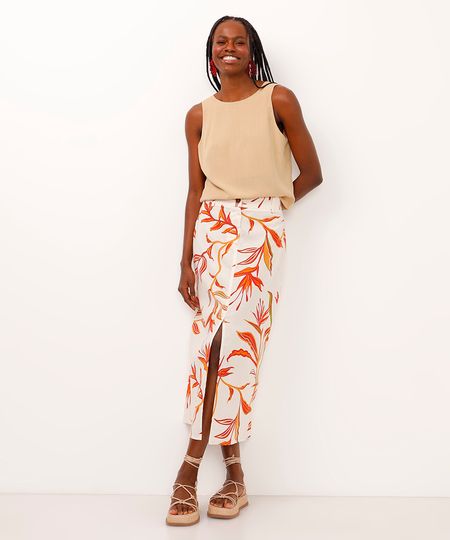 saia midi com linho cintura alta folhagem bege 34 saia midi com linho cintura alta folhagem bege 34