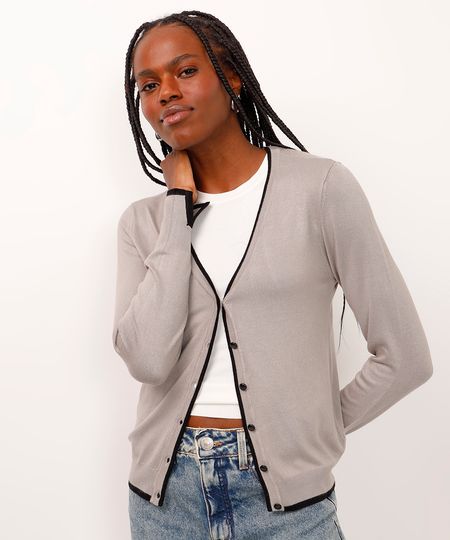 cardigan de tricot manga longa bicolor cinza PP