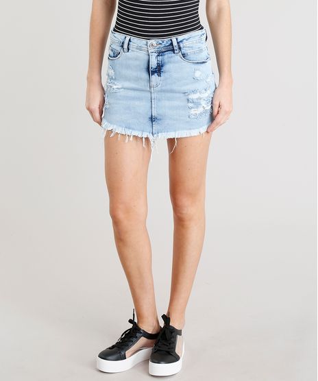 Saia-Jeans-Feminina-Curta-Destroyed-com-Barra-Desfiada-Azul-Claro-9370009-Azul_Claro_1