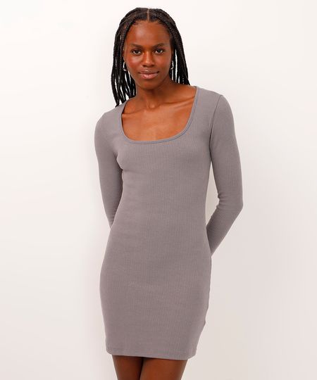 vestido curto manga longa canelado cinza G