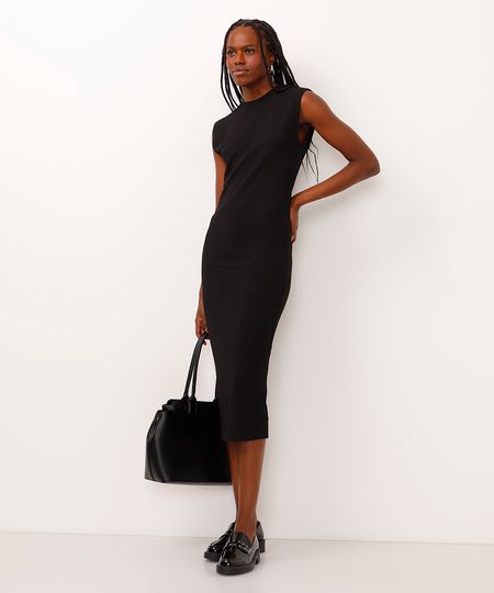 vestido midi gola alta texturizado preto M