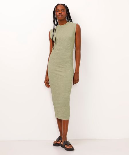 vestido midi gola alta texturizado verde P vestido midi gola alta texturizado verde P