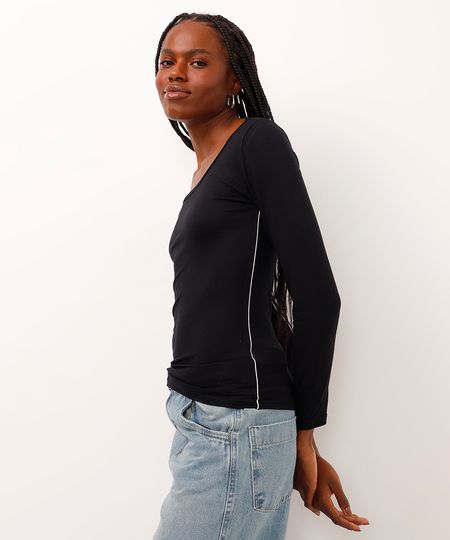 blusa de viscose decote u com nervuras preta PP blusa de viscose decote u com nervuras preta PP