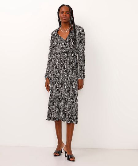 vestido midi manga longa folhagem preto PP