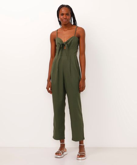 macacão midi com linho alça fina e amarração verde P macacão midi com linho alça fina e amarração verde P