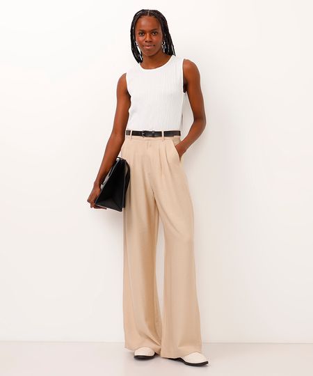 calça wide leg de viscose cintura alta com cinto bege 40