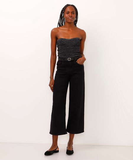 calça wide leg cropped de sarja com cinto preto 34