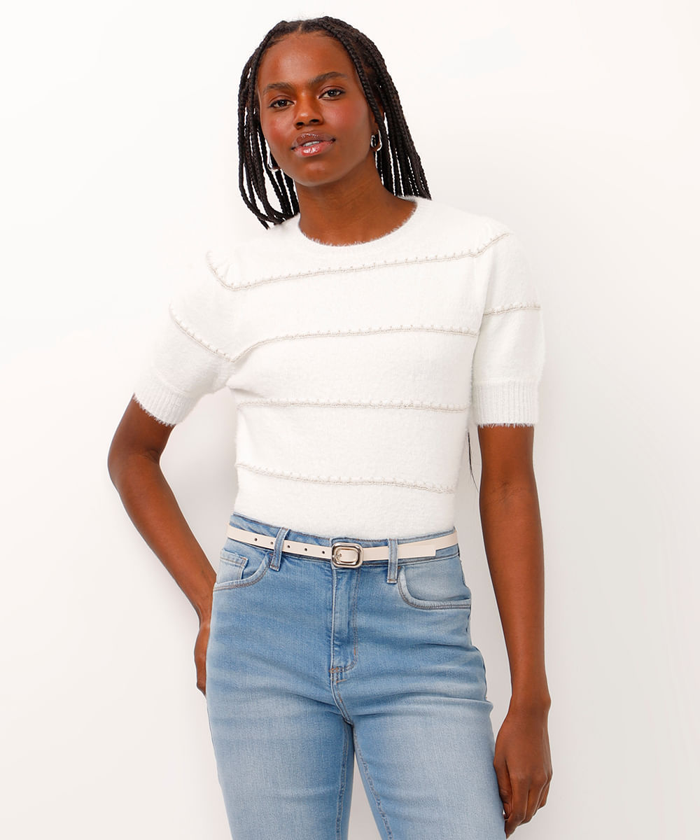 blusa de tricot manga bufante listrada com lurex off white