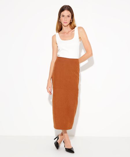 saia midi de suede cintura alta mindset marrom 46 saia midi de suede cintura alta mindset marrom 46