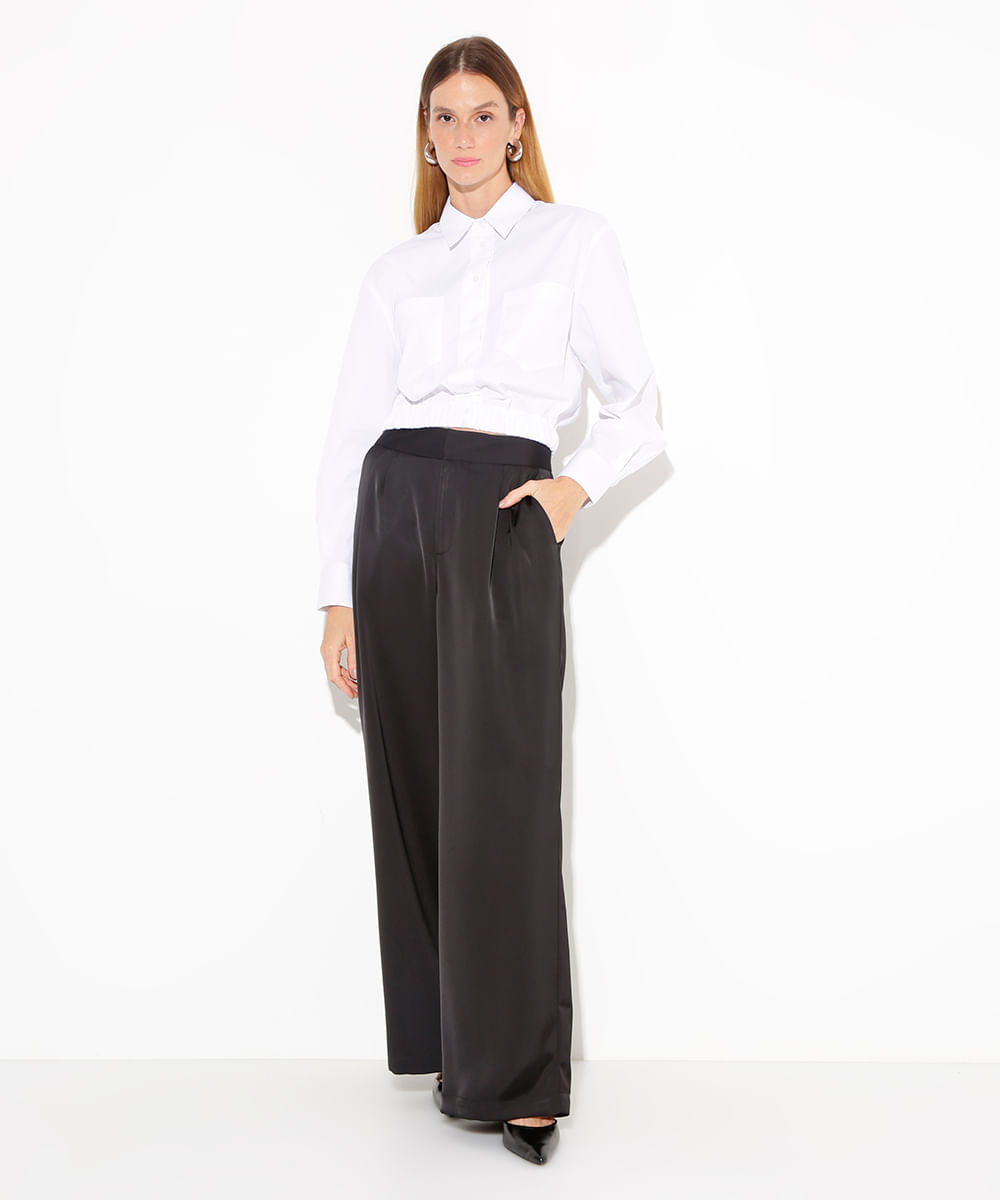 calça wide leg acetinada cintura alta mindset preta
